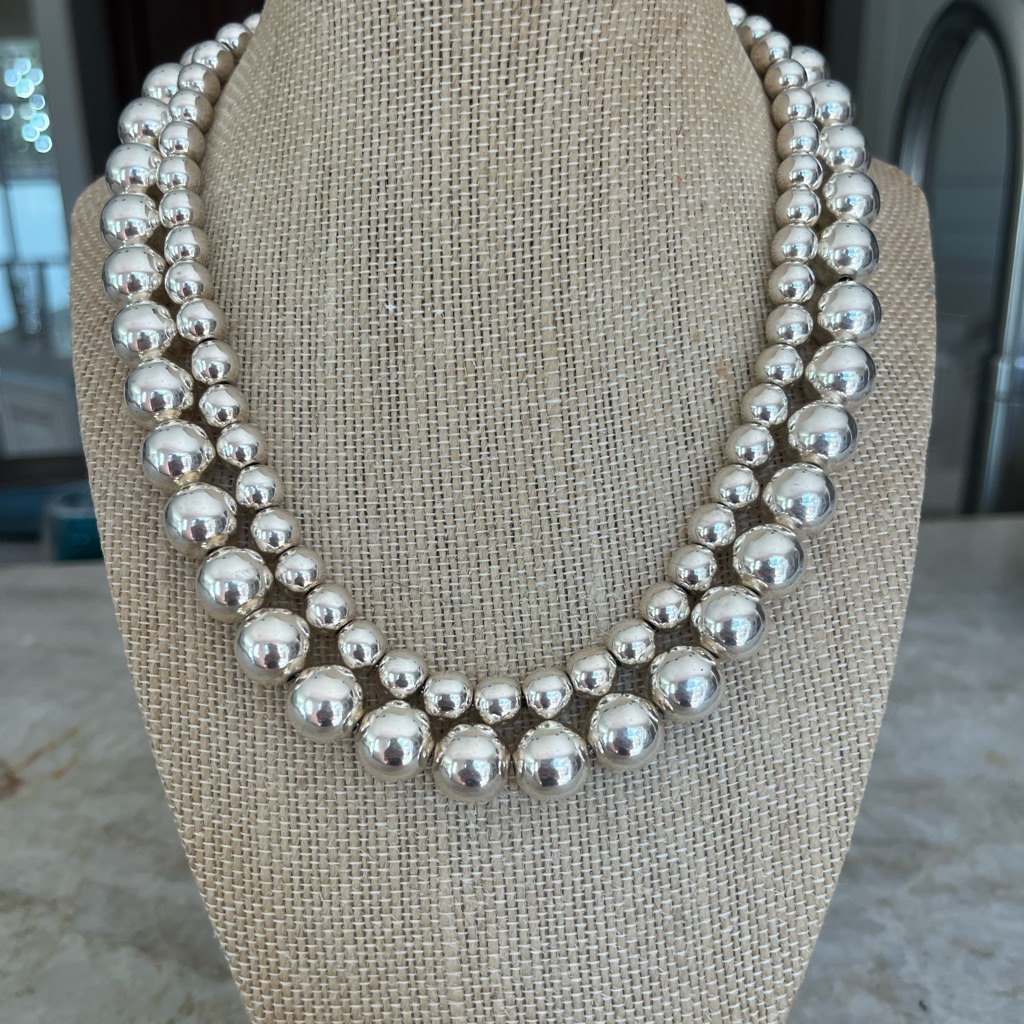 Mexican Silver Hollow 3mm Beaded Necklace 18”
